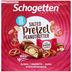Продуктови Категории Шоколади Schogetten Specials 15 индивидуално опаковани парчета фин млечен шоколад с топки гевречета, пълнеж от фъстъчен крем и парченца фъстъци